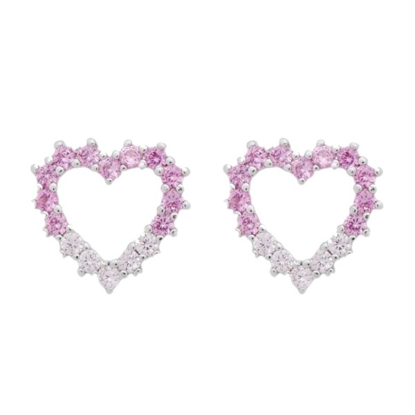 Conjunto Prateado de Coração Vazado Cravejado de Zircônia Rosa Dois Tons - Imagem 3